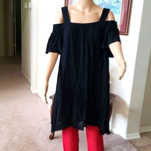 L 100% cotton shift dress cold shoulder smocked flutter sleeve bouncy and airy